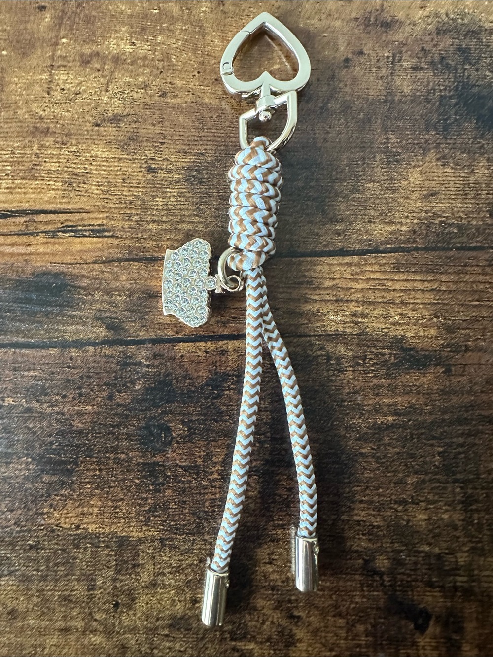 Juicy Couture Bag Charm Keychain w/ Rhinestone Crown & Braided Tan Tassel NWOT